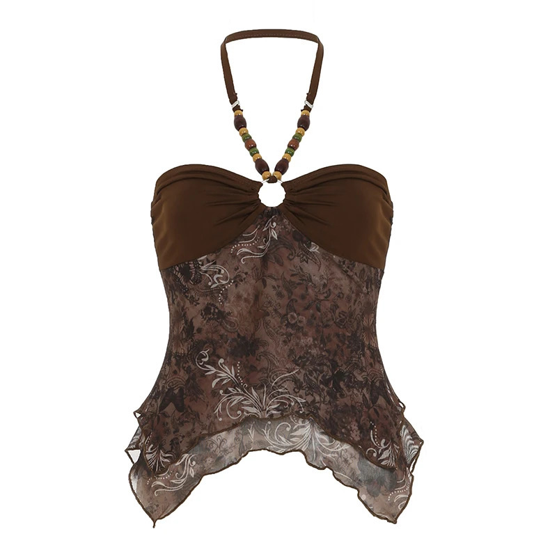 SUCHCUTE Boho Beaded Vintage Print Halter Crop Top Women Y2k Streetwear Backless Slim Camis Aesthetic 2000s Clothes Coquette 250612