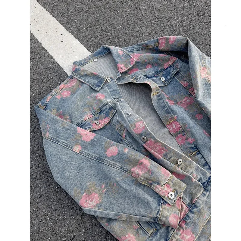Rose Print Denim Jackets For Men Women Vintage Jeans Coats Gothic Oversized Males Casual Clothes 250614