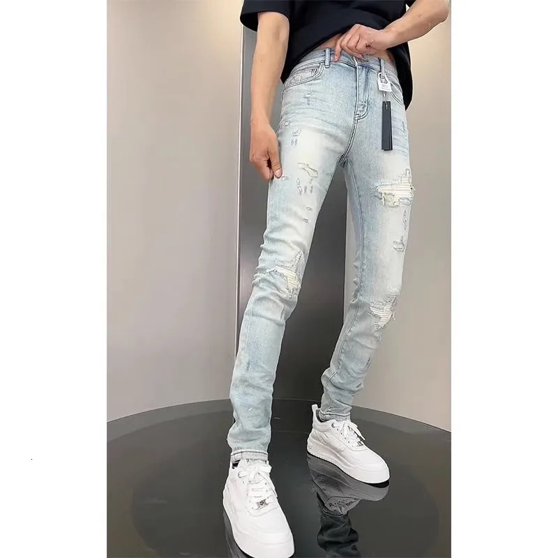 Korean y Clothing High Quality Jeans for Men Fashion Slim Fit Pencil Pants with Holes Summer Casual Denim Trousers Male 250614