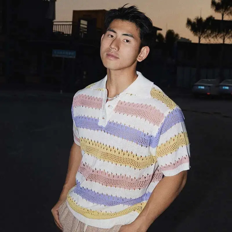 FEWQ Summer Mens T-shirts Lapel Hollow Out Colorful Striped Button Short Sleeved Niche Male Tees Vintage 24K3129 250614