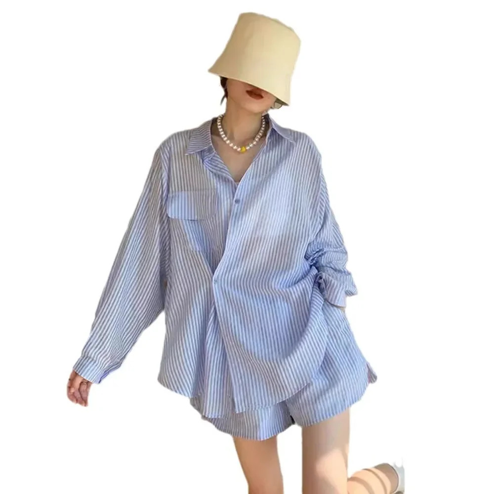 Fashionable Casual Striped Set Womens Summer Thin Loose Sun Protection Top Shorts TwoPiece Set Stylish Polyester Fiber 250609