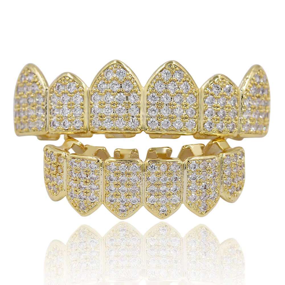 Hip Hop Diamond Teeth Grillz 18K Gold White Gold Plated Iced Out Tooth Grills Set for Mens Grillz Vampire