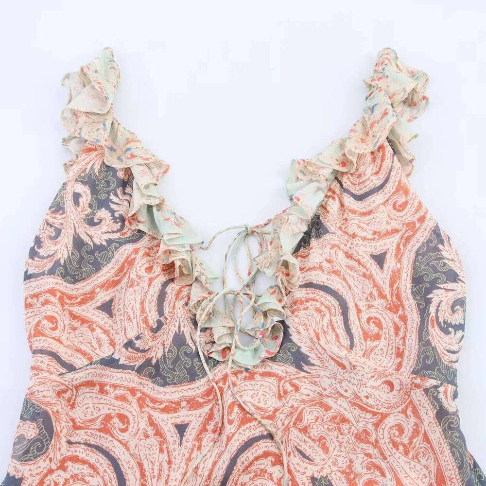 Womens Elegant Sexy Ruffled Patchwork Neckline V Neck Sleeveless Spaghetti Strap Mid - Length Printed Dress