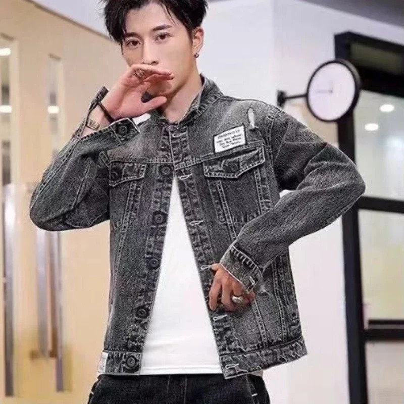 Button Hip Hop Casual Slim Short Autumn with Print Denim Jackets for Men Black Gray Jeans Coat High Quality Fashion 250614