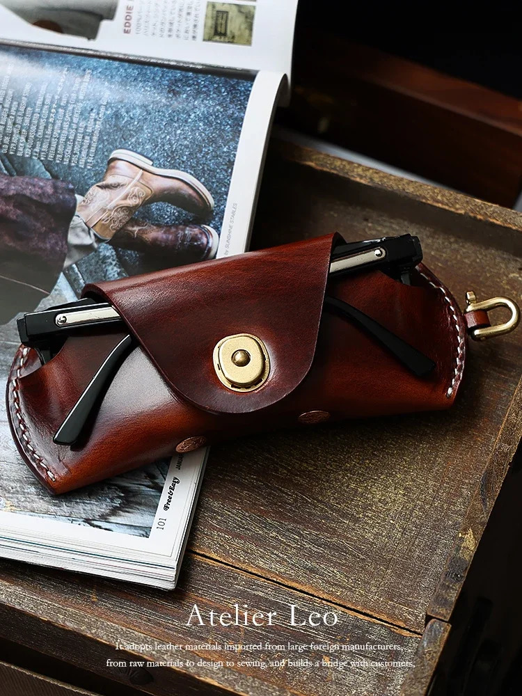 Vintage American Style Vegetable Tanned Leather Glasses Case - Portable Eyeglass Holder with Lanyard for Men/Women 250610