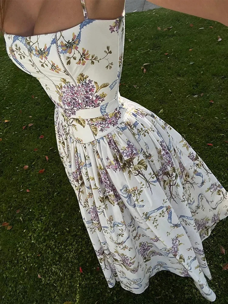 Elegant High Waist Pleated Print Long Dress For Women Fashion Backless Sleeveless Aline Dresses Summer Vacation Streetwear 250611