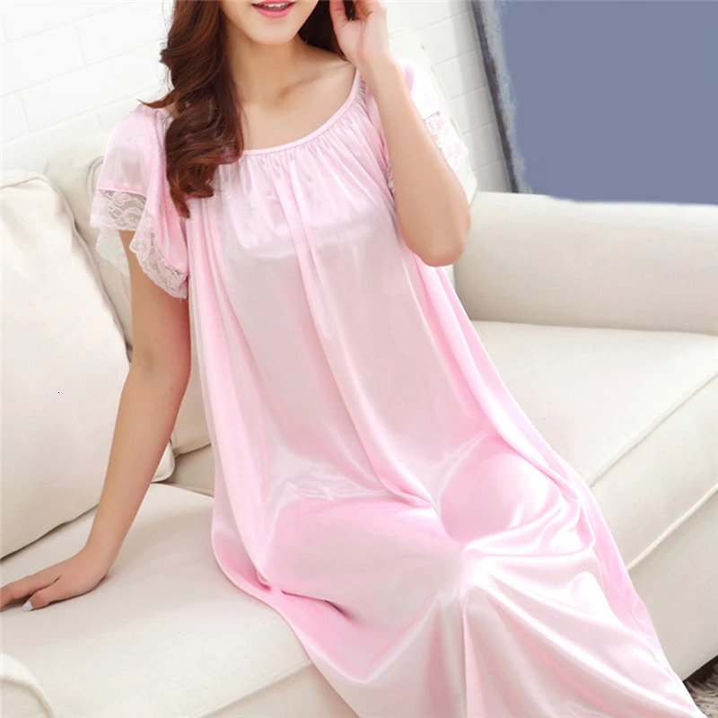 Women Night Gowns Sleepwear Lace Patchwork Nightwear Long Sleeping Dress Casual Ladies Home Dressing 250611