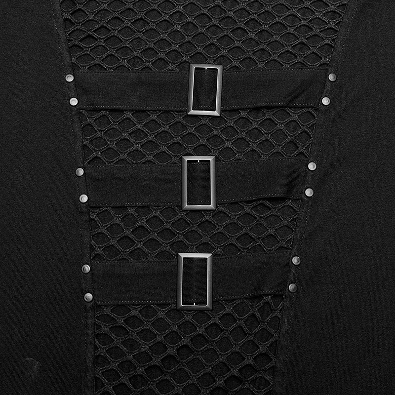 PUNK RAVE Mens Punk Elastic Knitted Charm Mesh Cutouts Sexy Hooded T-shirt Personality Hollow Casual Black Tops Tees Summer 250614