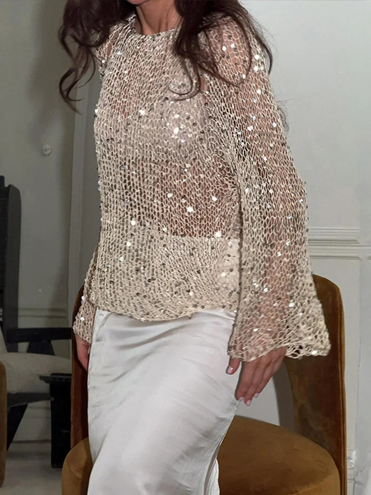Sequins Hollow Out Women Tops Knit Loose O-neck Long Sleeve Female T-shirt Spring Summer Lady Shinny Chic Party Club Top 250614