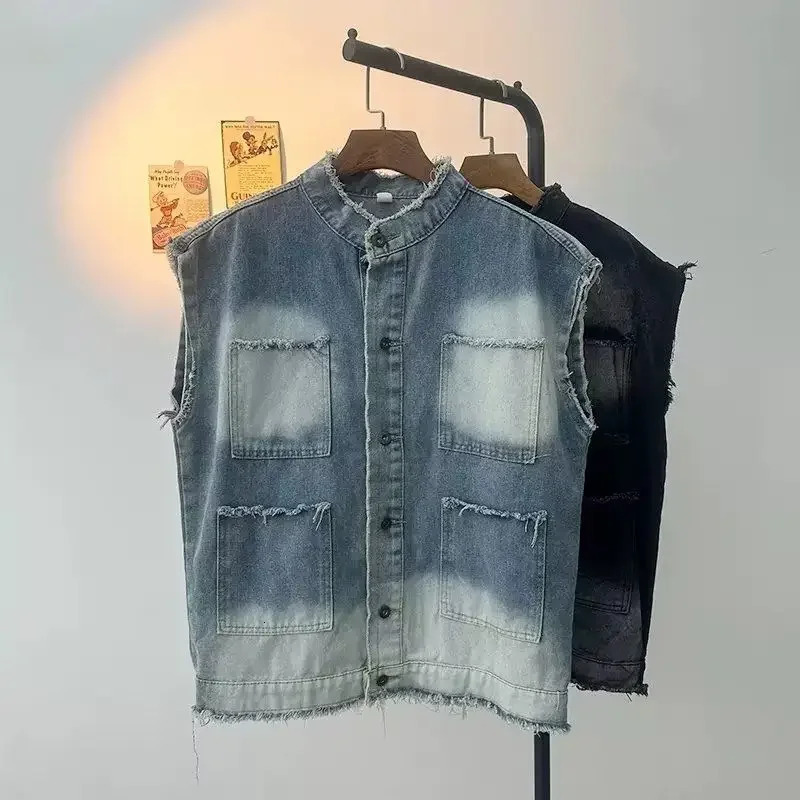 Vintage Mens Denim Jacket Sleeveless Vest Shawl Collar Jean Outerwear Loose Fit Punk Style Top Summer Arrivals 250614