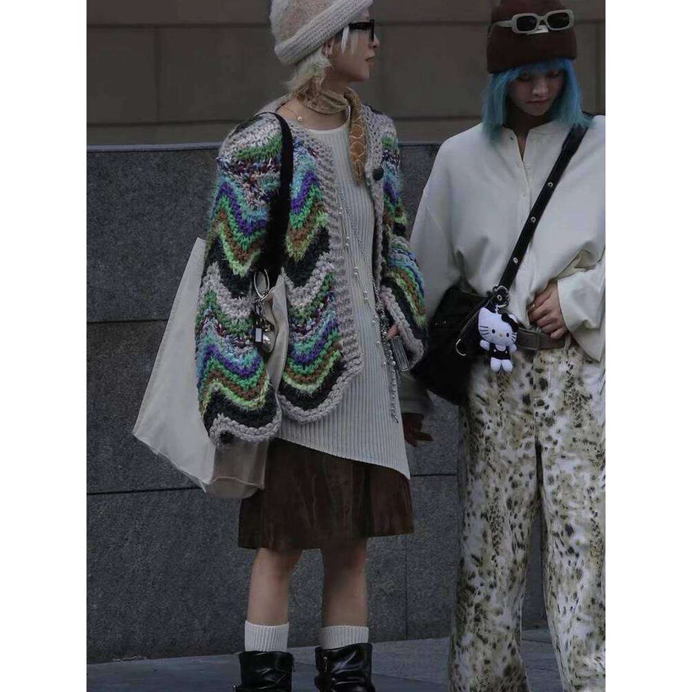 Handmade Autumn Winter Women's Rainbow Colored Sweater Cardigan Round Neck Knitted Coat C-200