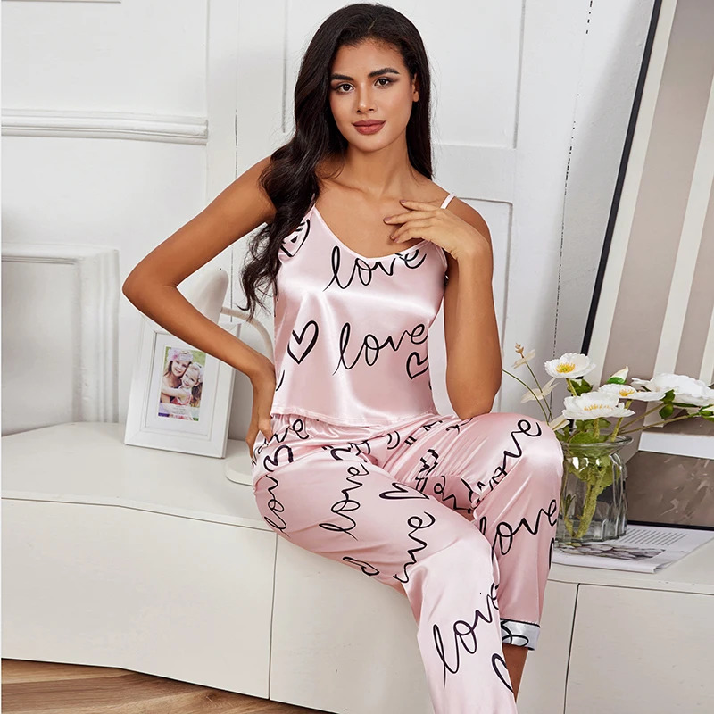 Women Satin Silk Pajama Sets Letter Print Cami Vest Shirt With Trouser Sleepwear Ladies Sexy Lingerie Nightwear 250611