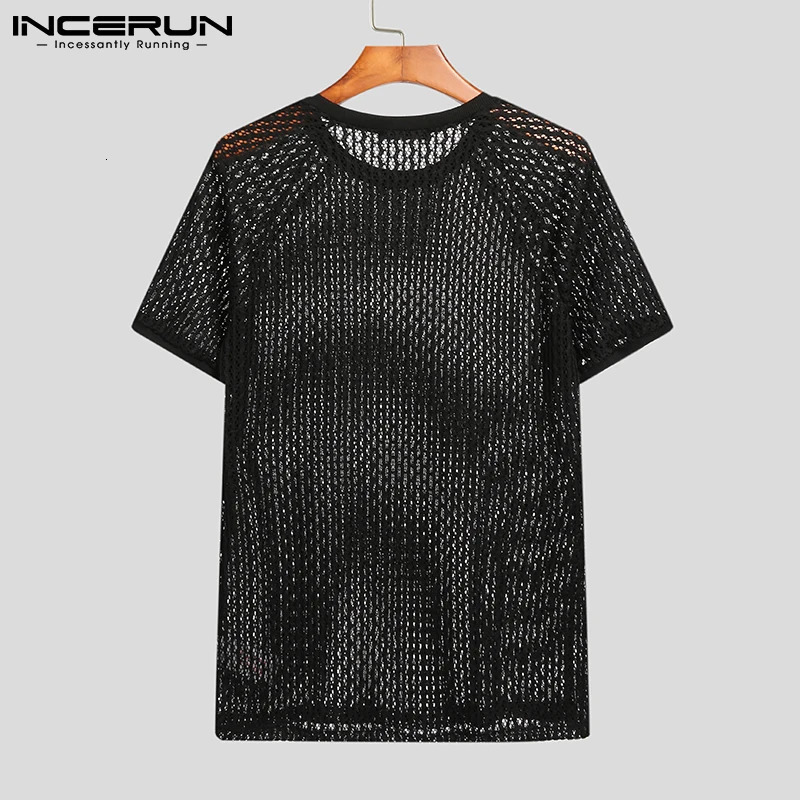 INCERUN Men T Shirt Solid Color Hollow Out See Through Sexy Short Sleeve O Neck Tee Tops Streetwear Casual Party Camisetas 250614