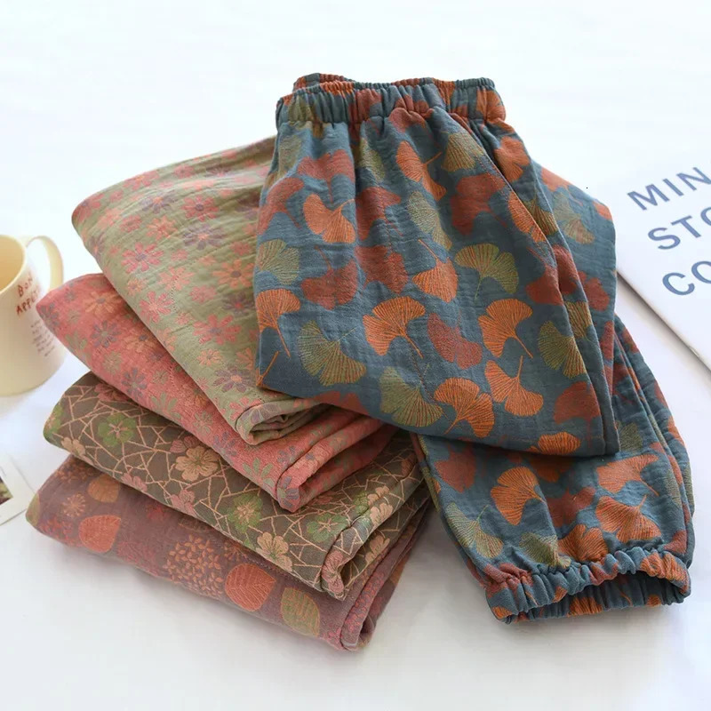 Spring Summer Womens Pajamas 100% Cotton Crepe Pants Comfortable Loose Large Leaf Home Thin bottoms 250611