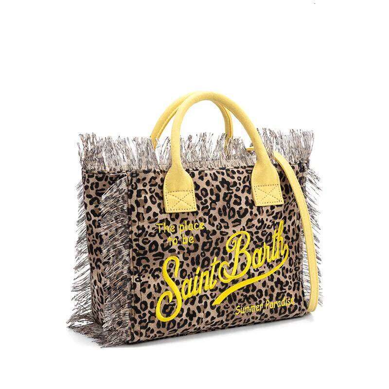 Saint Barth Handbag New Beach Casual Fringe Canvas Leopard Print Yellow Small Tote Bag For Women