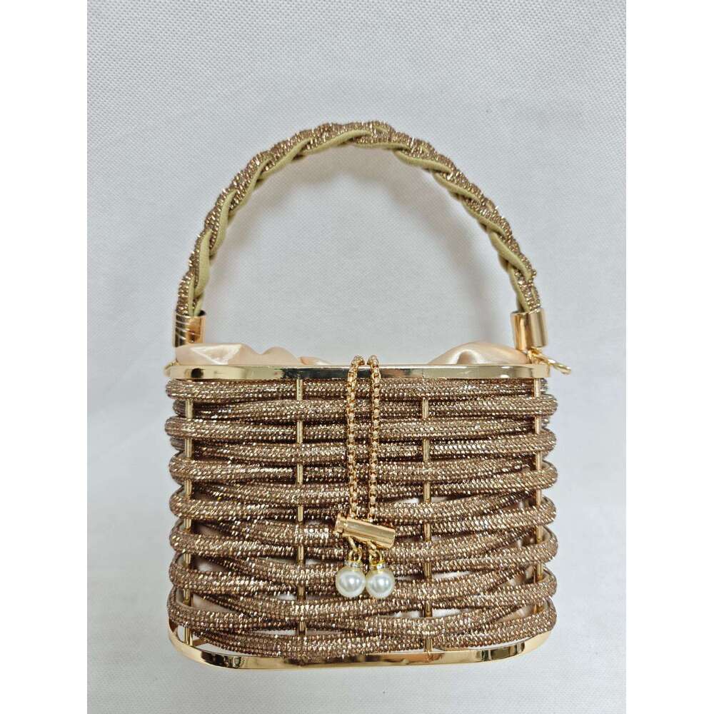 Hollow Rhinestone Metal Shiny Basket Birdcage Banquet Bucket Handheld Crossbody Bag