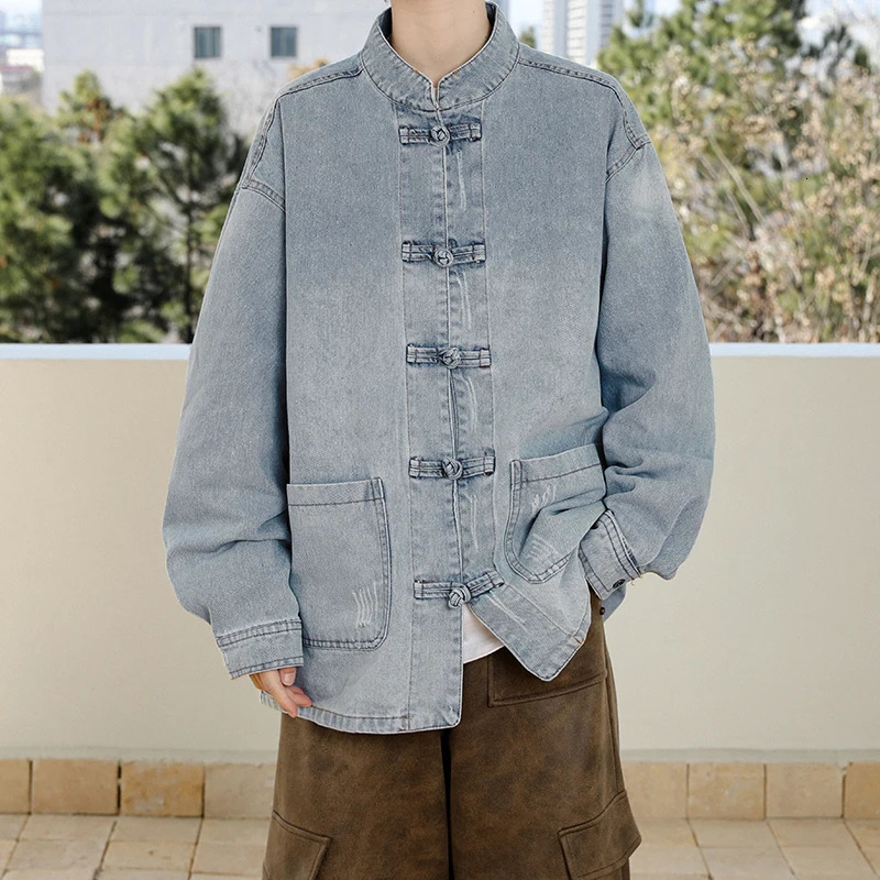 Streetwear Fashion Mens Spring and Autumn Jackets Washed Denim Tops Baggy Jacket Men Chinese Kung Fu Tang Suit Casual Coat Male 250614