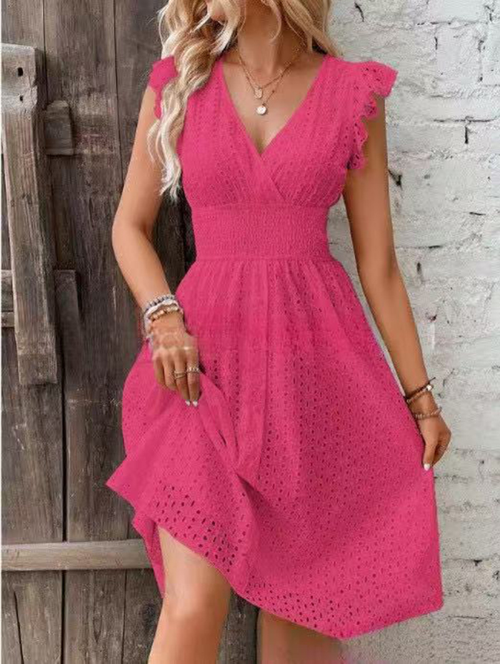 Summer Dresses Women V-Neck Beach Dress Flare Sleeve Solid Color Hollow Lace Waist Dress Casual Beach Holiday Dresses