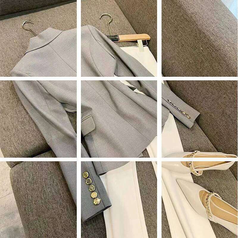 Gray Slim Fit Long Sleeve Commute Suit Jacket Double Row Metal Buckle Fashionable Women's Polyester Fiber No Collar Coat