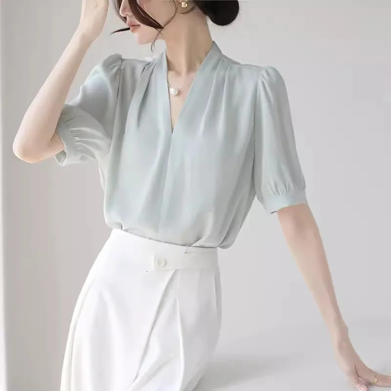 Fashion Summer Short Sleeve VNeck Women Blouse White Shirt Tops Blouses Shirts Womens Camisas P856 250614