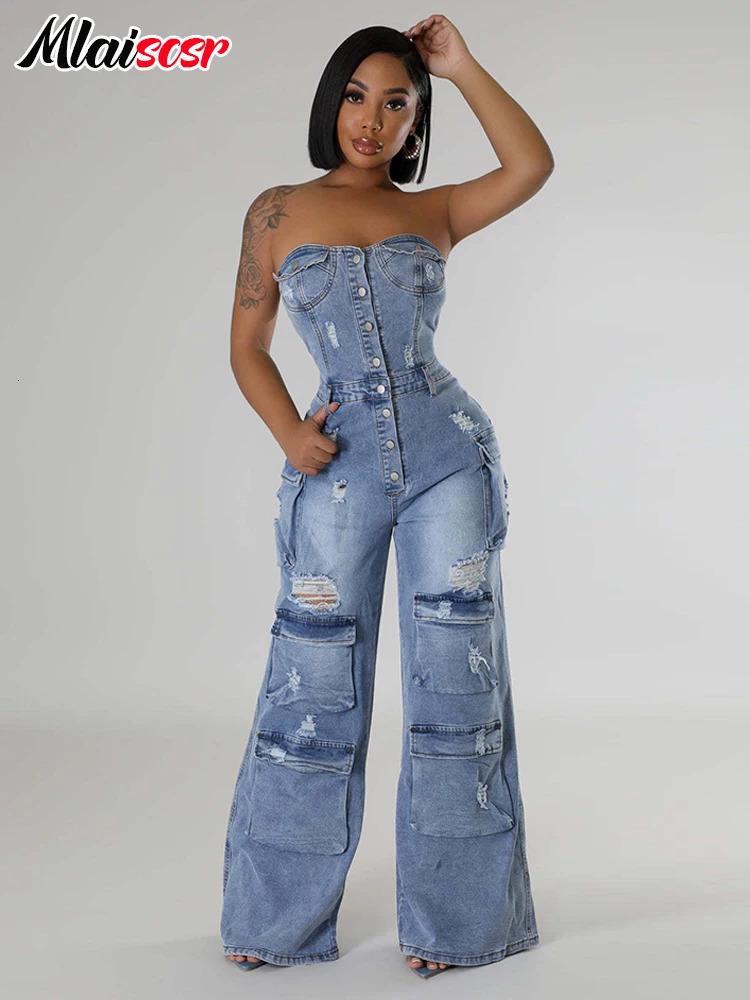 Mlaiscsr Multi Pockets Ripped Stretch Denim Cargo Pants Blue Wide Legs Jumpsuits Women Sleeveless Off Shoulder Rompers Overalls 250612