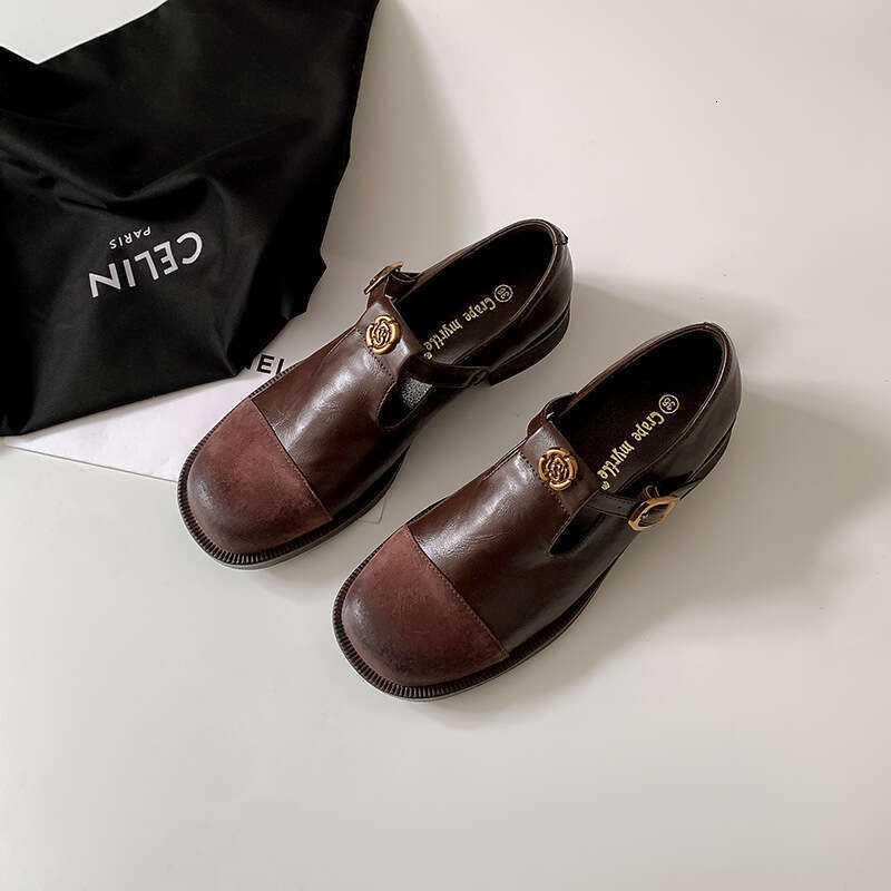 Cowhide Version Spring New T-Buckle Mary Jane Women Brown Loafers hot Low Heel Single Small Leather Shoes Trendy