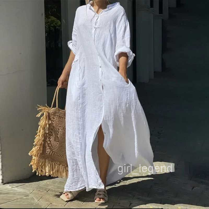 2025 Spring Cotton Linen Oversize Women Dress Long White Button Loose Dresses Female New Casual Trendy Elegant Ladies Clothes