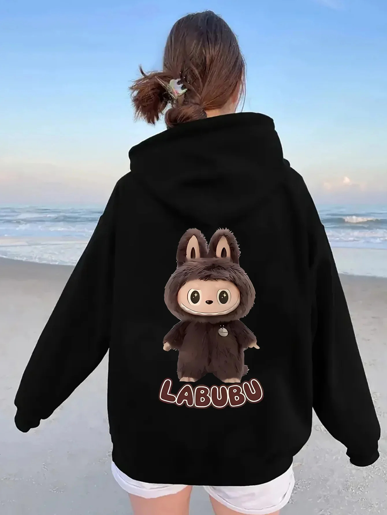 Labubu Cartoon Print Hoodie for Women Casual Polyester Pullover with Slight Stretch Alphabet Pattern Hooded Sweatshirt 250614