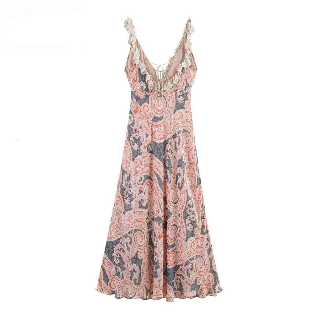Womens Elegant Sexy Ruffled Patchwork Neckline V Neck Sleeveless Spaghetti Strap Mid - Length Printed Dress