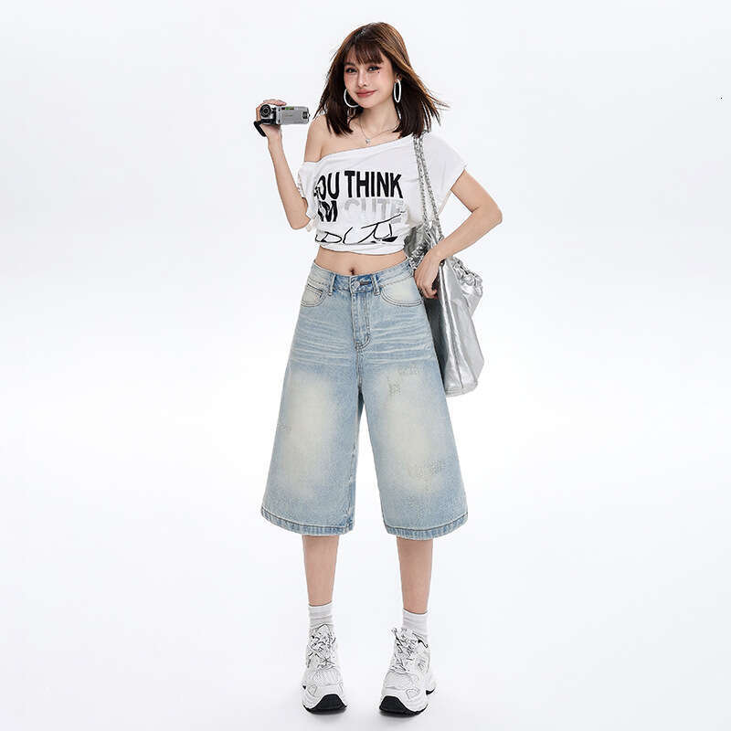 American Street Denim Capri Pants for Women, Summer New Washed Faded Loose High Waist Straight Wide Leg Shorts designer bag