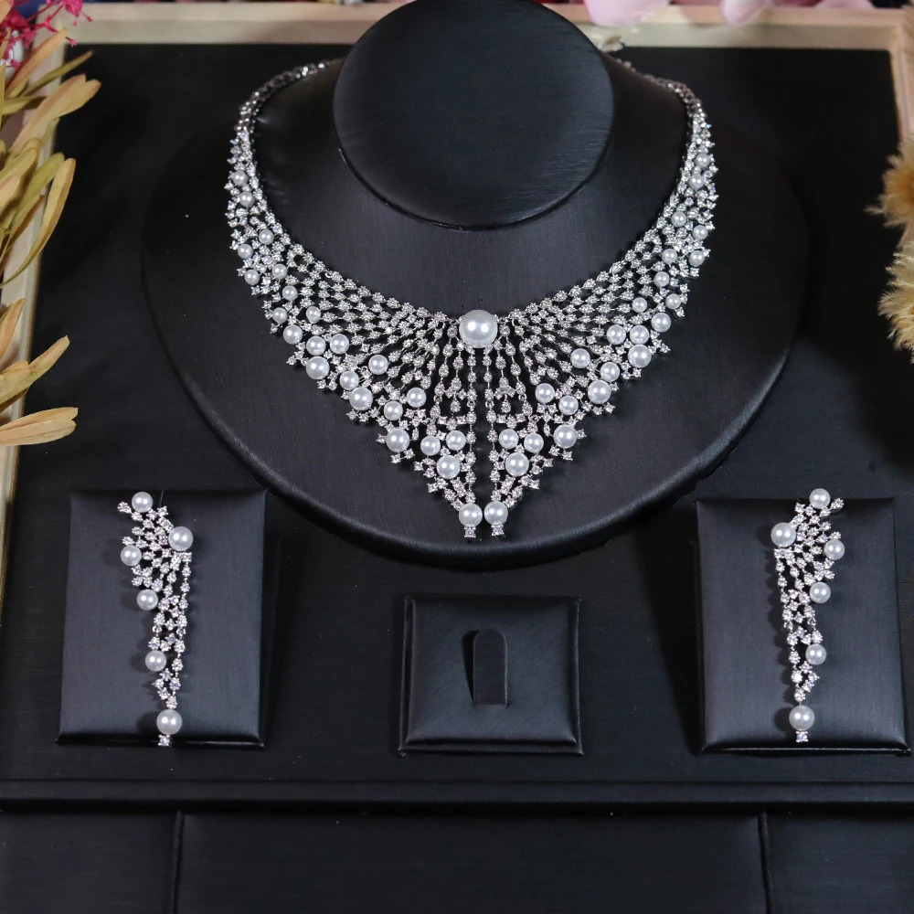 Pearl Jewelry Set With Cubic Zirconia for Women NecklaceElegance Saudi Arabic Dubai Bridal Party Wedding Accessories 250609