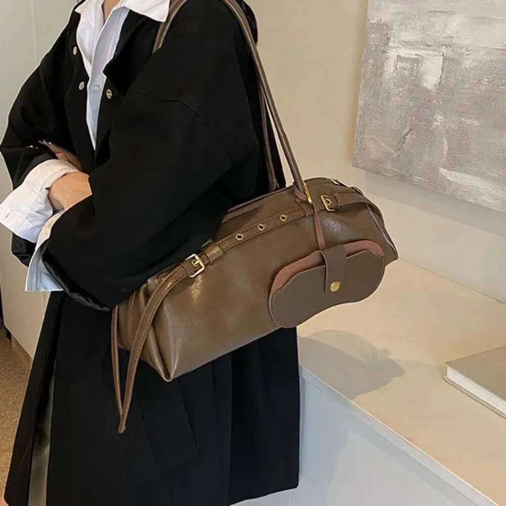 Color PU Leather Casual Boston Handbag Belt Buckle Women Solid Bowling Retro Tote Shoulder Underarm Bag