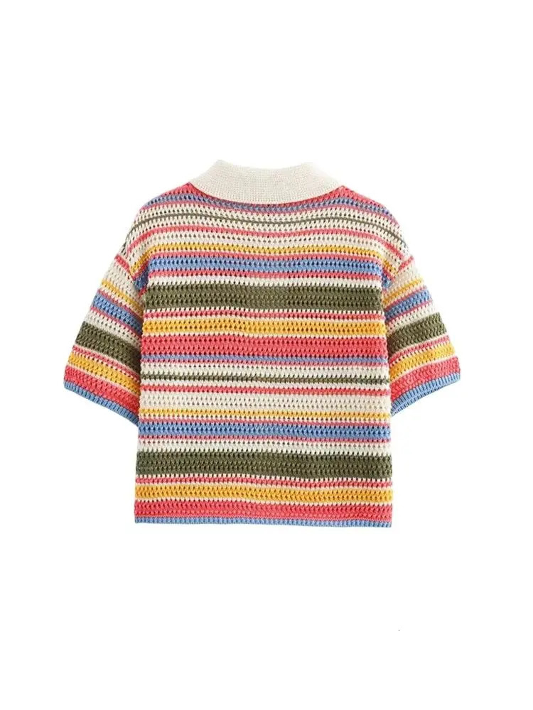 TRZAWomens Striped Crochet Knit Crop Sweater Polo Collar Short Sleeve Buttonup Female Outerwear Chic Tops Fashion 250612