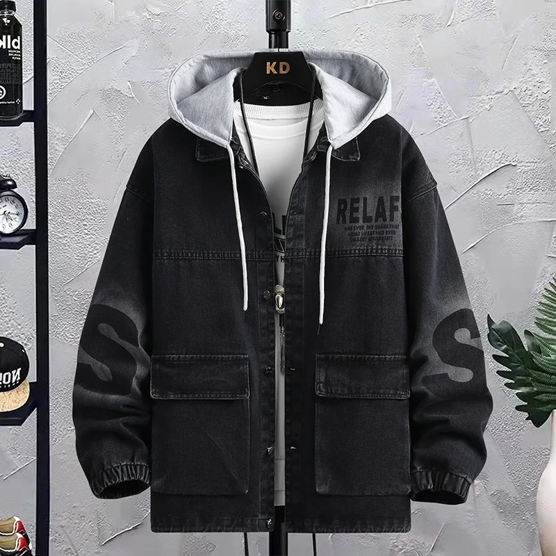 Spring Autumn Hooded Denim Jacket Mens Casual Vintage Hat Detachable Jeans Hip Hop Streetwear Coat Cowboy Top Clothing 250614