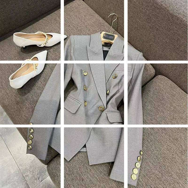 Gray Slim Fit Long Sleeve Commute Suit Jacket Double Row Metal Buckle Fashionable Women's Polyester Fiber No Collar Coat