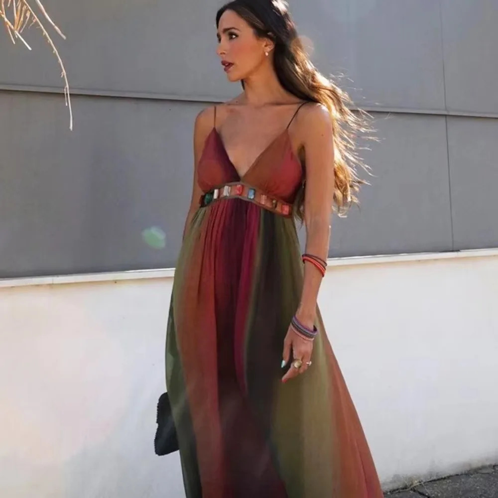 Deep V Neck Dresses for Women Sexy High Waisted Y2k Lady Elegant Party Printed Pleated Sleeveless Vacation Robes 250611