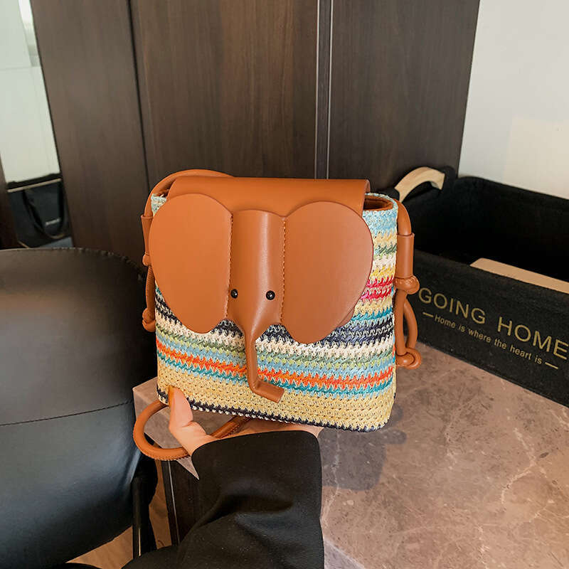 Summer New Bucket for Women Rainbow Elephant Woven Commuter Shoulder Crossbody Small Bag