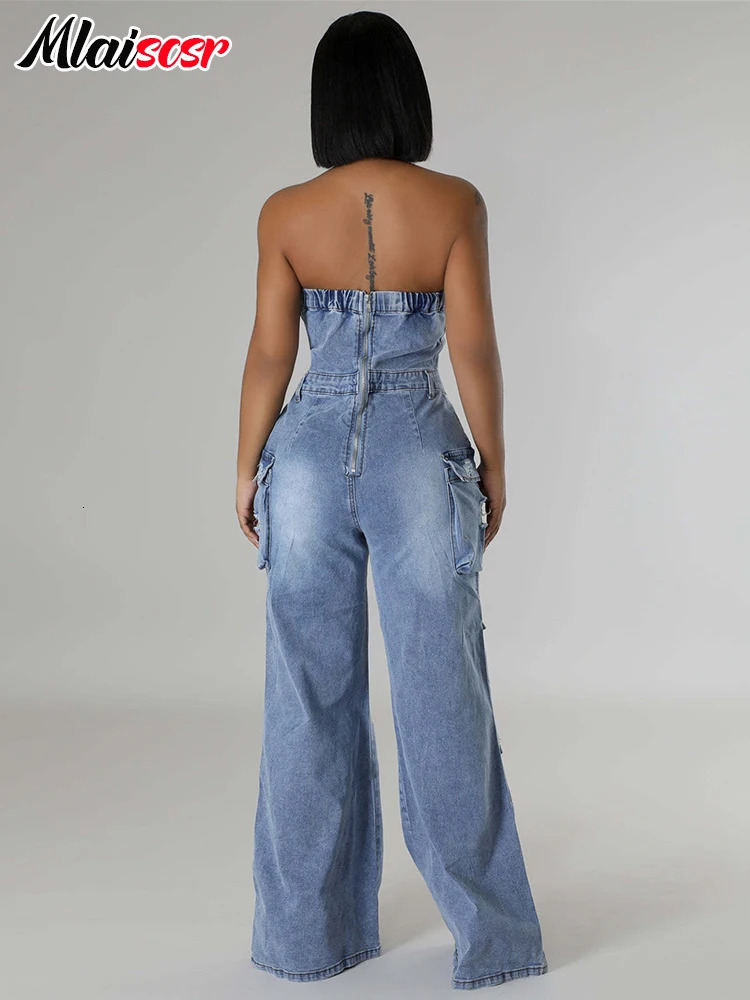 Mlaiscsr Multi Pockets Ripped Stretch Denim Cargo Pants Blue Wide Legs Jumpsuits Women Sleeveless Off Shoulder Rompers Overalls 250612