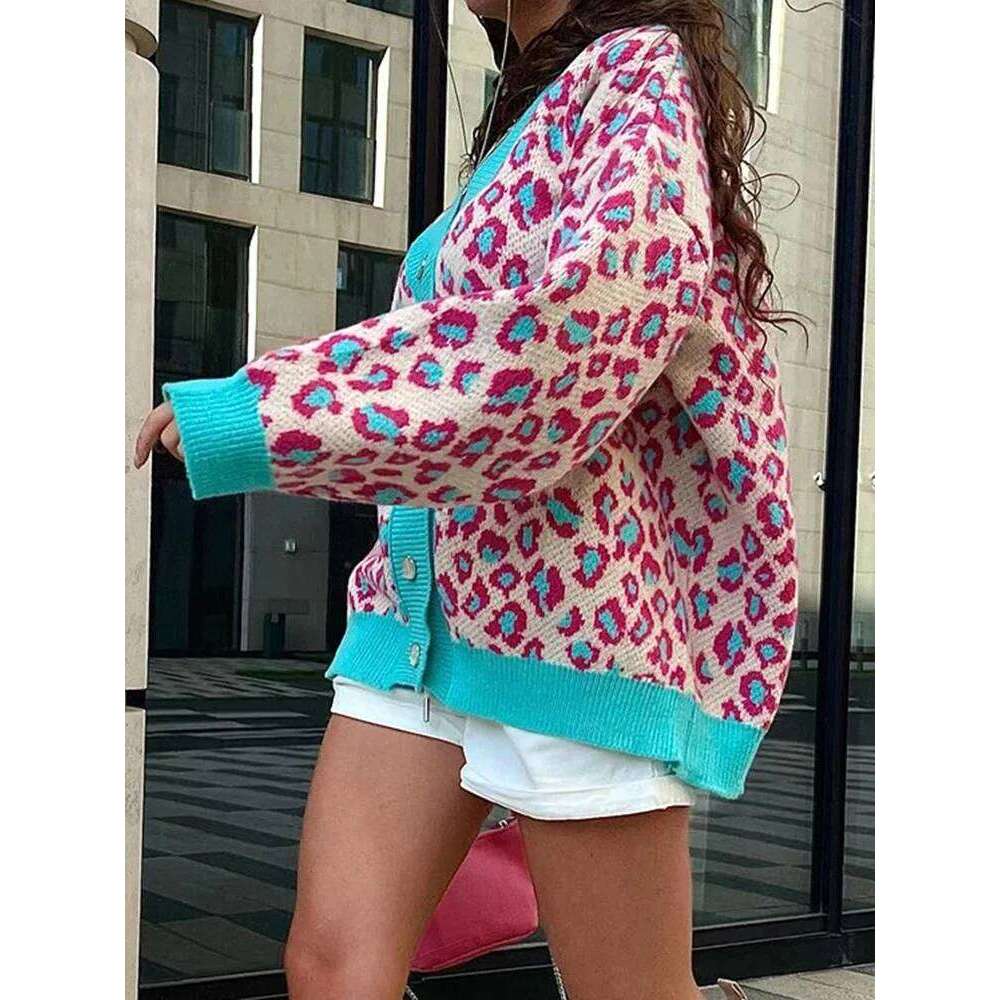 Aoaiiys Leopard Knitted Cardigan for Women Sweater Contrast Color Button V-neck Long Sleeve Coat Autumn Winter Fashion Cardigans