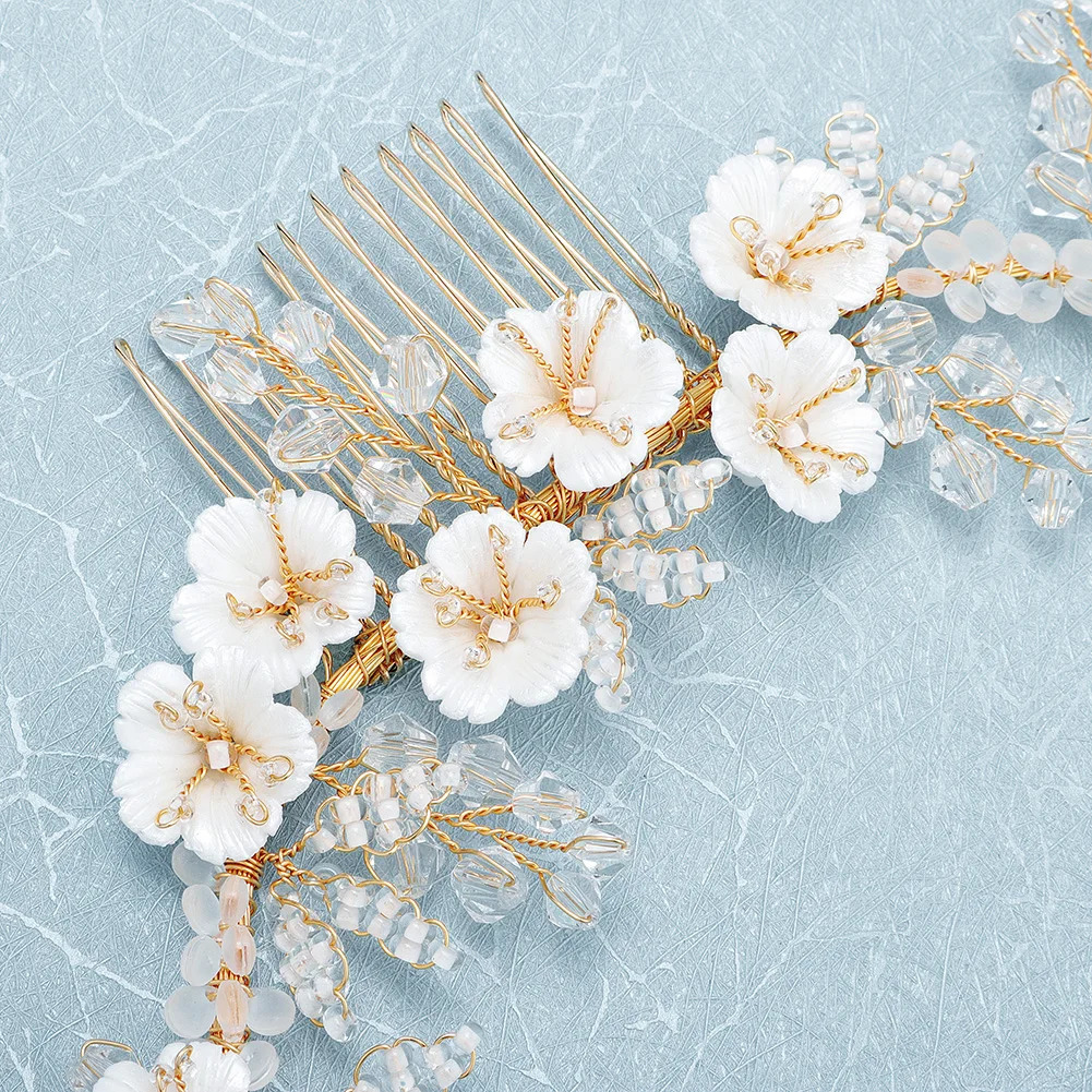 Handmade Wedding Fancy Gold White Flowers with Crystal and Pearl Bead Bridal Hair Comb 250610