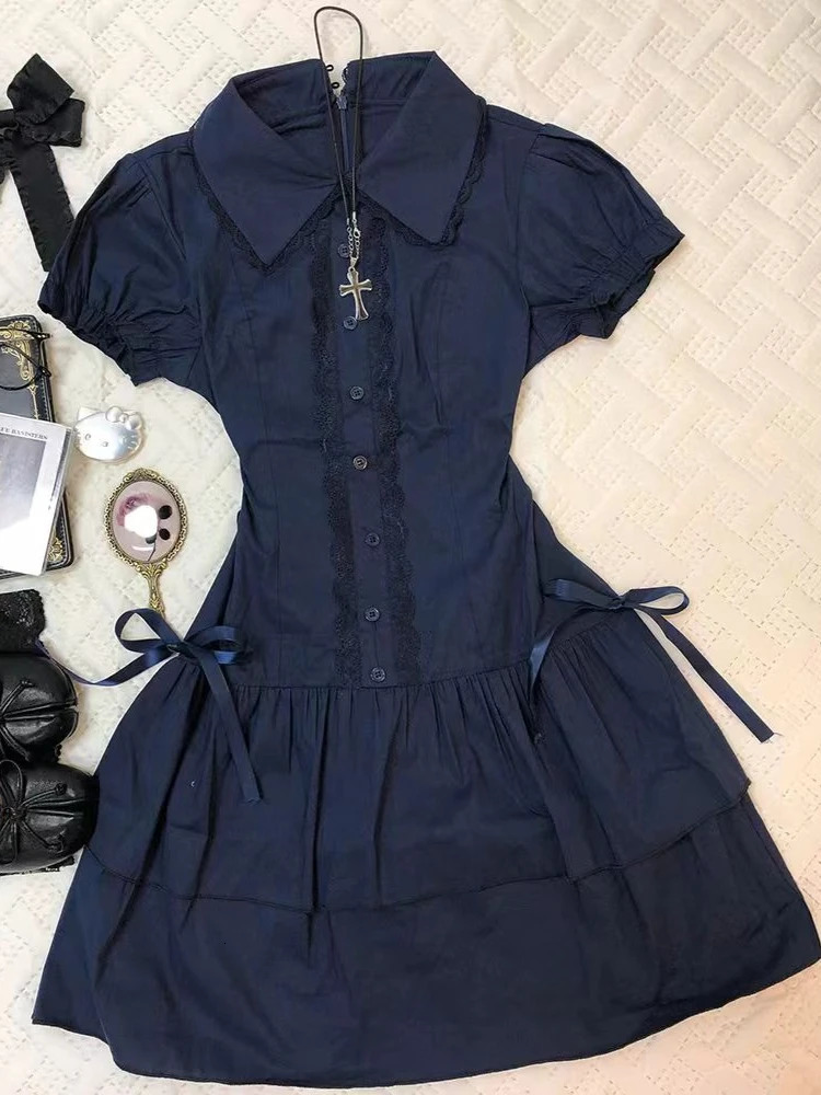 Vintage Black High Street Patchwork Dress Women Summer Gothic Slim Bow Short Sleeve Dresses Female Fashion Retro Lapel Outfits 250611