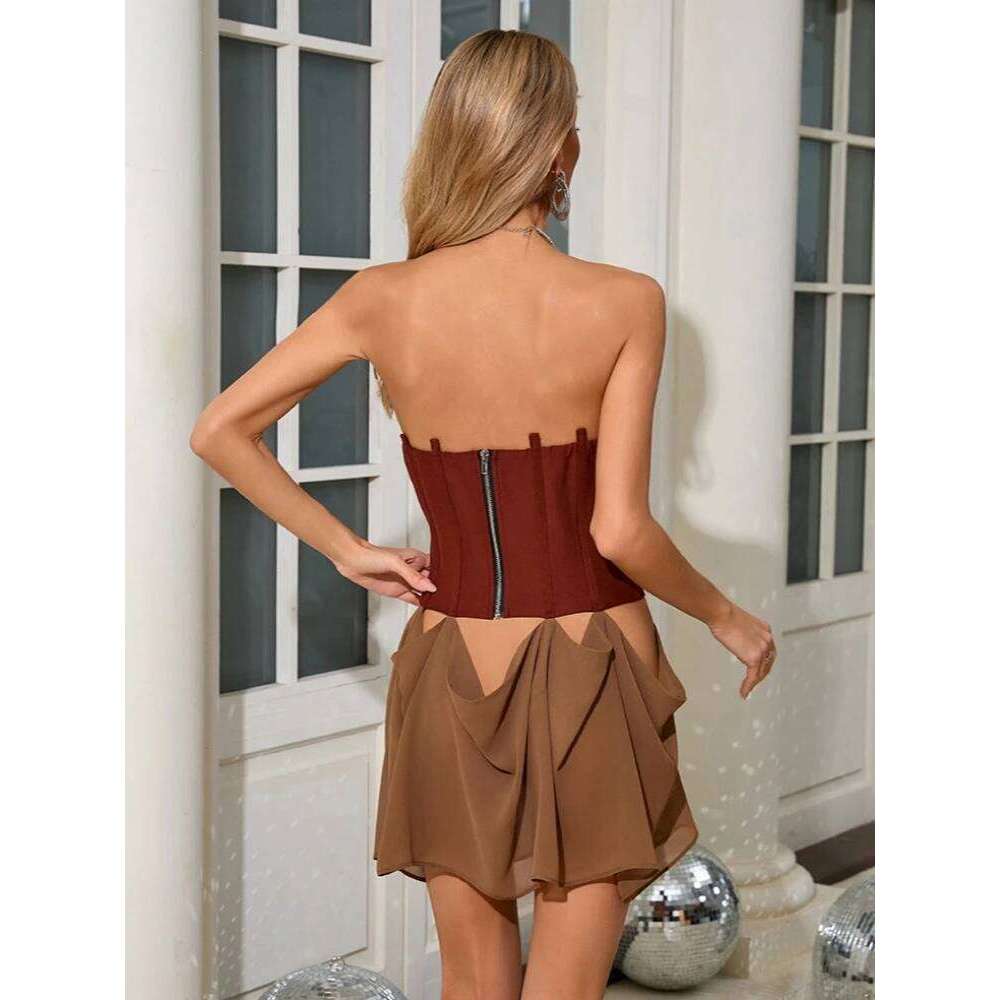 Sexy Strapless Lace-Up Design Corset Mini Dress Women Sleeveless Backless Patchwork Hollow Out Dresses Evening Party tail