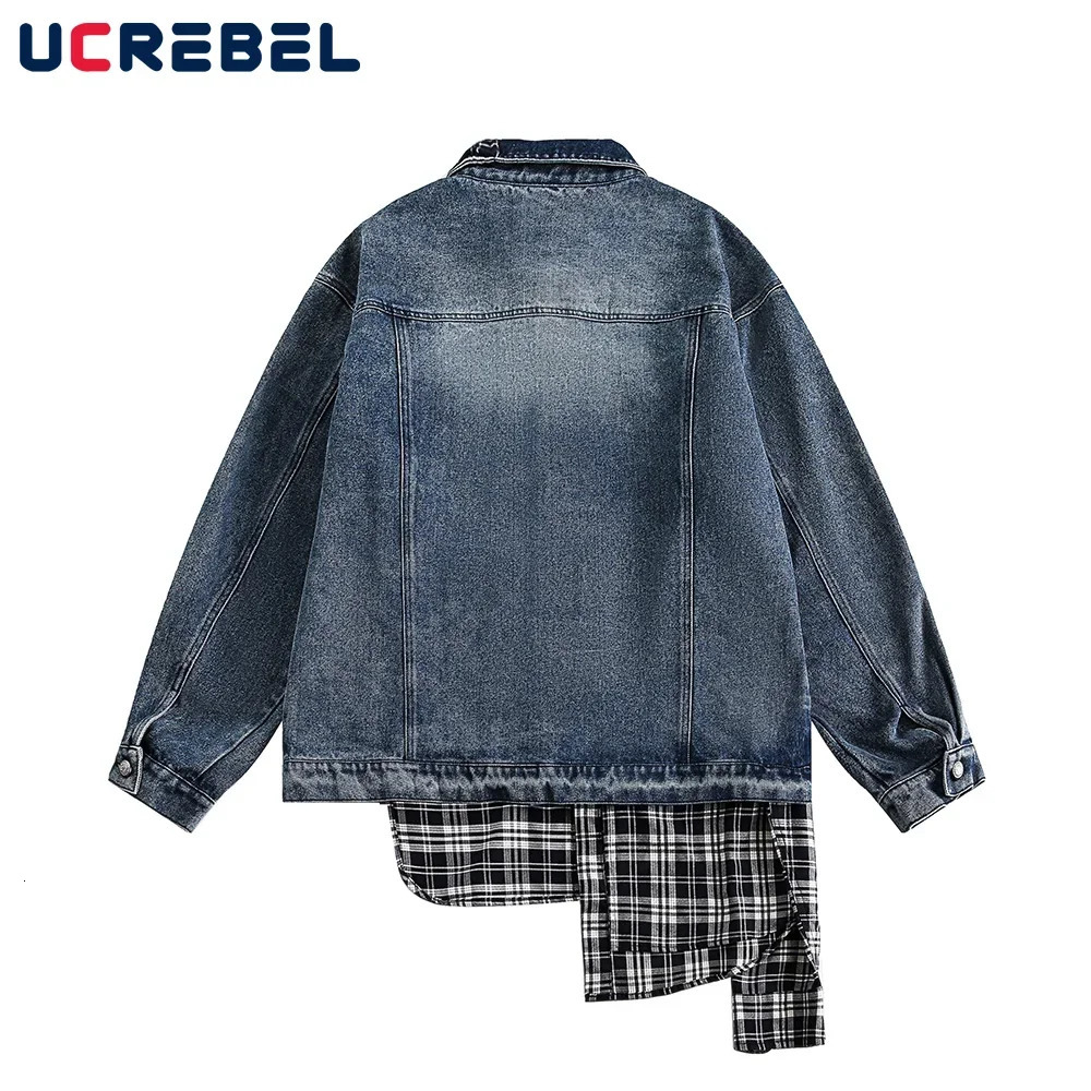 Plaid Patchwork Denim Jacket Mens High Street Autumn Lapel Single Breasted Long Sleeve Outerwear Jeans Jacket 250614