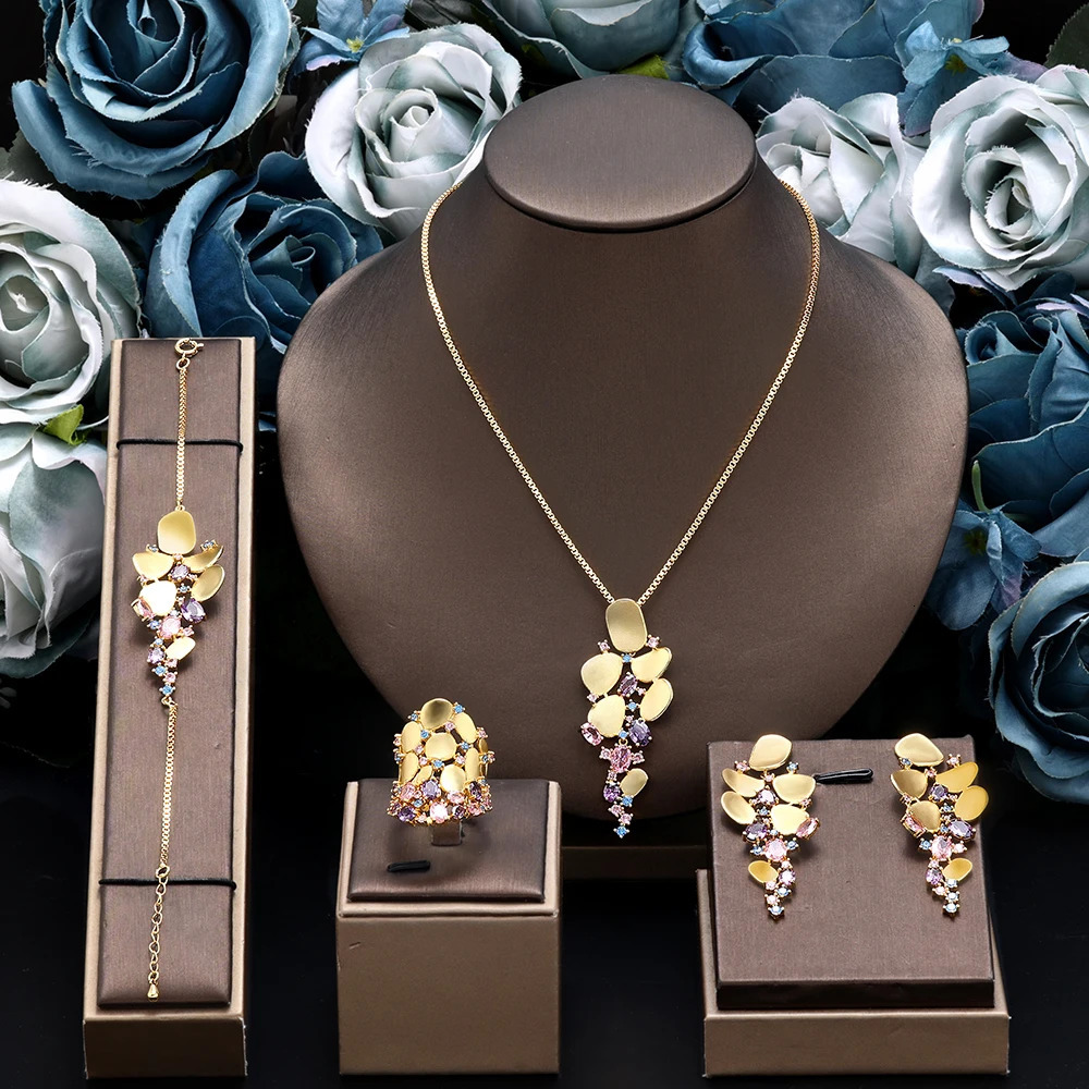 Dubai Saudi Arabia Trendy Gold Plated Pendant 4pcs Necklace Set Fashion Women Cubic Zirconia Jewelry Sets Bridal Accessories 250609