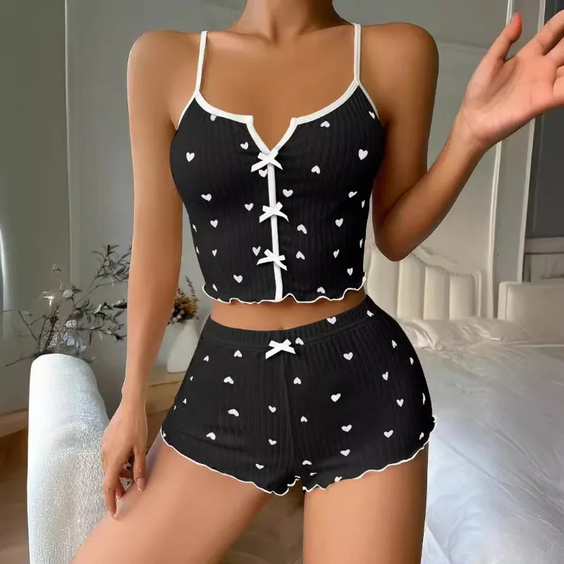 Sleepwear Women Pajamas Set Heart Print Soft Ribbed Fabric with Flirty Frill Trim Casual Cami Top and Shorts Sets Loungewear 250605