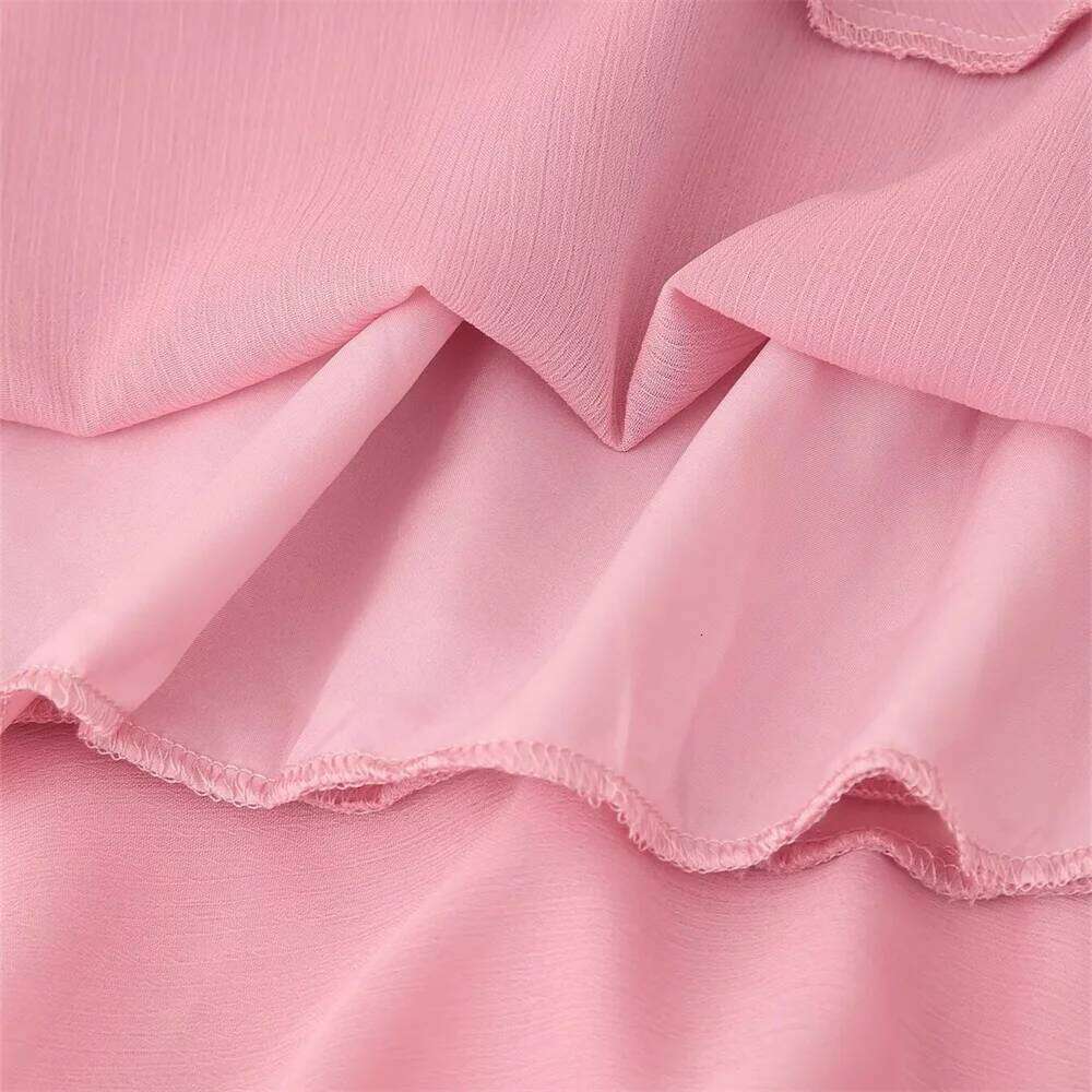 Women's Temperament Layered Ruffle Edge Lace Up Chiffon Dress Summer New V-Neck Sleeved Loose Long Skirt