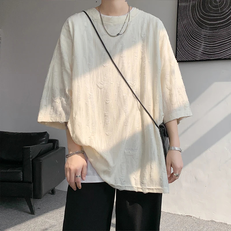 Summer Short Sleeved T-shirt Men Oversized Fashion Retro Hole T Shirt Men Streetwear Hip-hop Loose Round Neck T Shirt Mens Top 250614