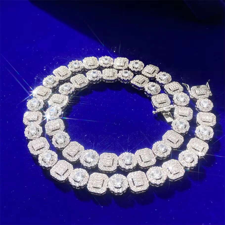 Hip Hop Baguette Iec Out Vvs Moissanite Diamond 10mm Square Halo Bling Cluster Tennis Chain Necklace for Men