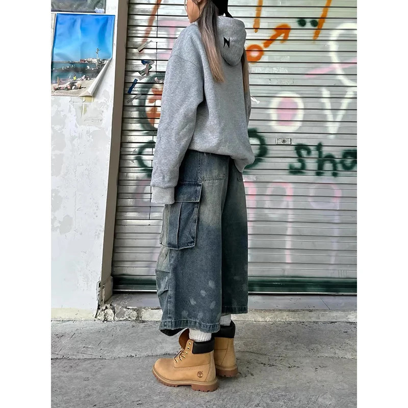 ZHIZOU Womens Summer Vintage High Waist Blue Retro Washed Denim Shorts Fashion Casual Loose Fit Y2K Streetwear Mid Long Short 250609