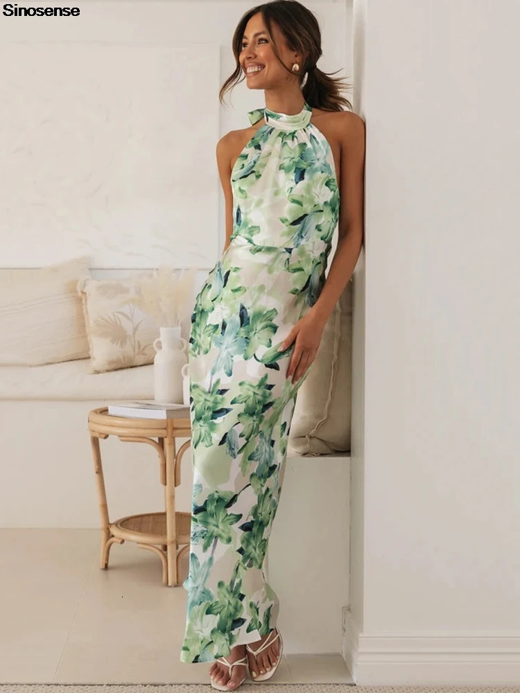 Womens Floral Maxi Dress Sexy Halter Backless Lace Up Summer Boho Beach Holiday Elegant Long Evening Cocktail Party Dress 250611